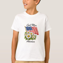 神の祝福アメリカUSAフラッグとデイジーの花の芸術 Tシャツ