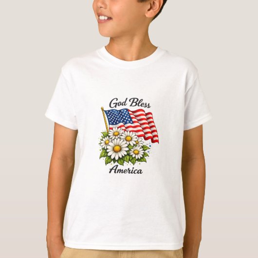 神の祝福アメリカUSAフラッグとデイジーの花の芸術 Tシャツ (正面)