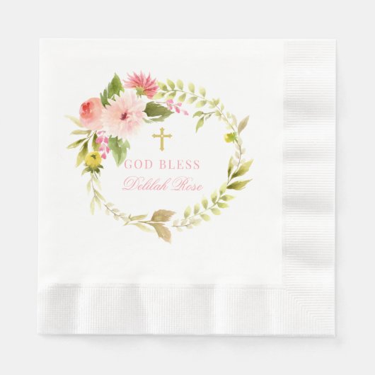 神の祝福ピンクと金ゴールドフローラリース女の子バプテスマ 縁ありランチョンナプキン (正面)