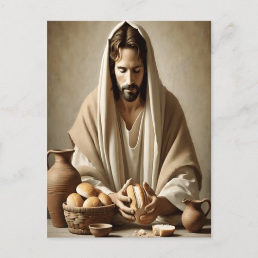 神の聖餐式：イエスがパンを破る ポストカード (正面)
