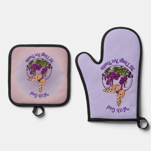 神の蝶の花の芸術と感動的 鍋つかみ&鍋敷きセット (正面)