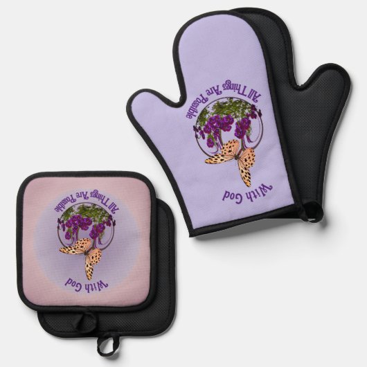 神の蝶の花の芸術と感動的 鍋つかみ&鍋敷きセット (正面/裏面)