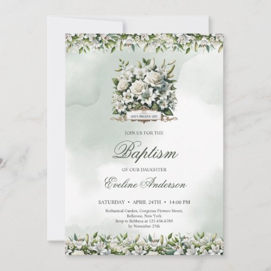 神の贈り物大切緑と金ゴールドバプテスマ 招待状 (正面)
