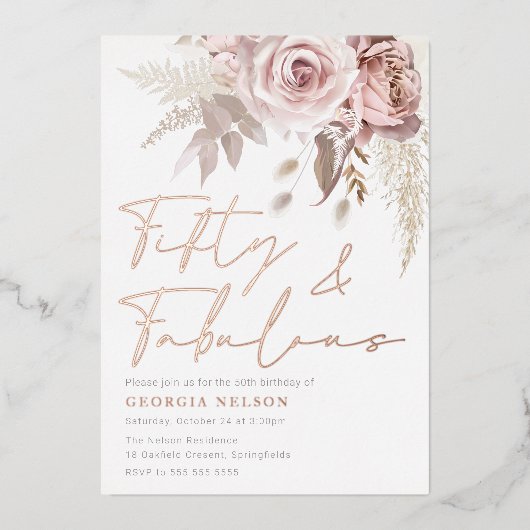 神の赤面バラゴールドフォイル50thバースデーパーティー 箔招待状 (正面)