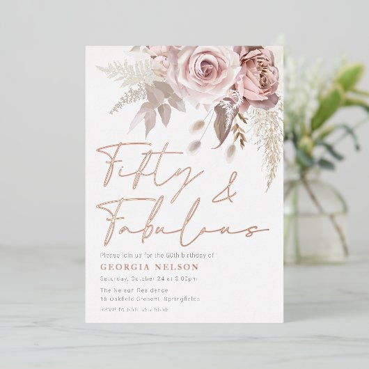 神の赤面バラゴールドフォイル50thバースデーパーティー 箔招待状 (立ち正面)