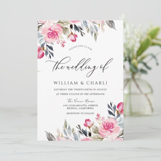 神の赤面ピンクウォーターカラーフローラ結婚ズ 招待状 (スタンド正面)