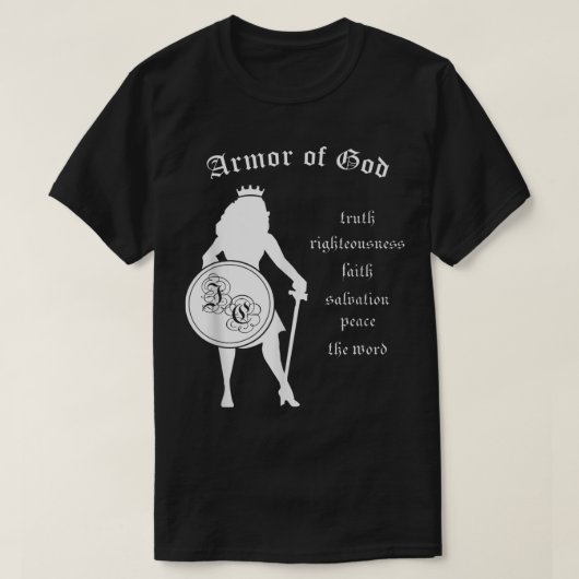 神の鎧の強い女性の王冠シールド剣の聖書 Tシャツ (デザイン正面)