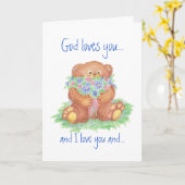神はあなたを愛し、私はあなたを愛し、テディベアの花 カード (黄色い花)