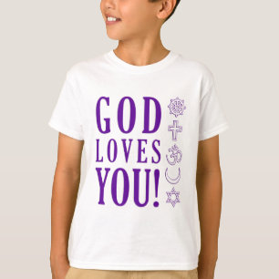 神はあなたを愛する+世界の宗教のシンボル Tシャツ
