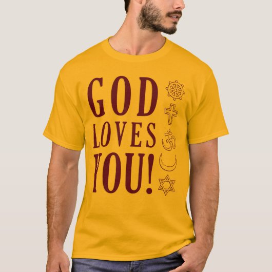 神はあなたを愛する+世界の宗教のシンボル Tシャツ (正面)