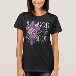 神はまだ優しい 紫の花の十字架 キリスト教  Tシャツ