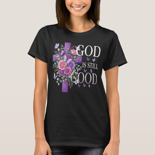 神はまだ優しい 紫の花の十字架 キリスト教 Tシャツ (正面)