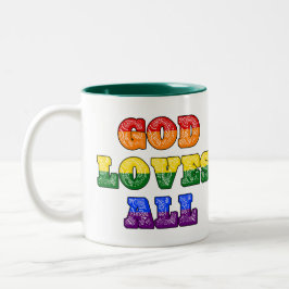 "神は全てを愛する" ゲイ/LGBTQIA+/クィアのクリスチャンのプライド ツートーンマグカップ