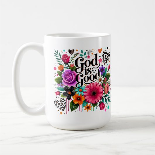 神は善い方 花柄 クリスチャンの信仰 コーヒーマグカップ (左)