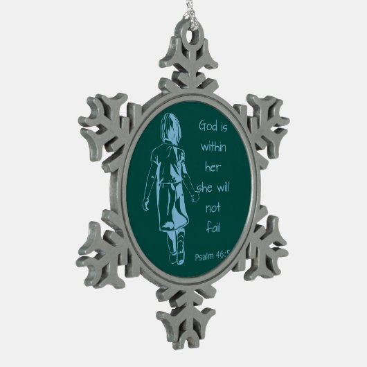 神は彼女と一緒にいる彼女は失敗しない聖なる書物、 経典引用文 スノーフレークピューターオーナメント (左)