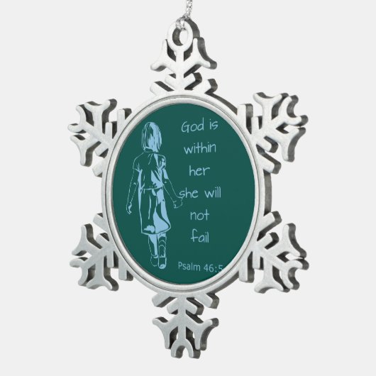 神は彼女と一緒にいる彼女は失敗しない聖なる書物、 経典引用文 スノーフレークピューターオーナメント (右)