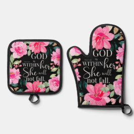 神は彼女の内にいる – 詩篇46:5ピンクのフローラ 鍋つかみ&鍋敷きセット