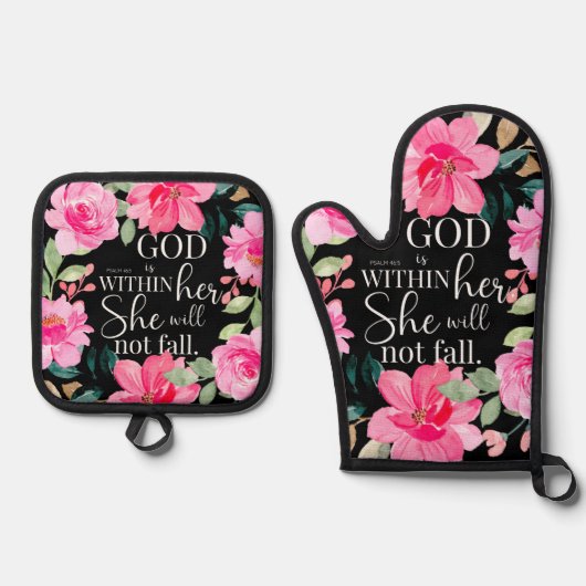 神は彼女の内にいる – 詩篇46:5ピンクのフローラ 鍋つかみ&鍋敷きセット (正面)