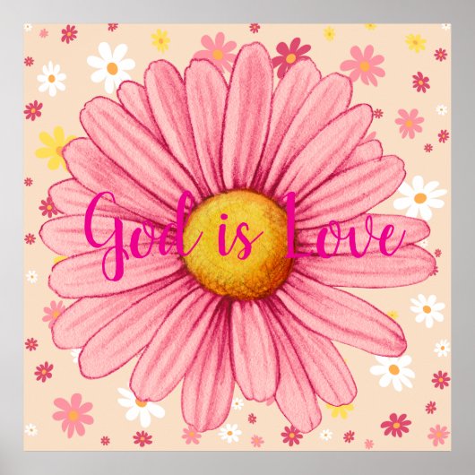 神は愛ピンクカラフルヒマワリ引用文 ポスター (正面)