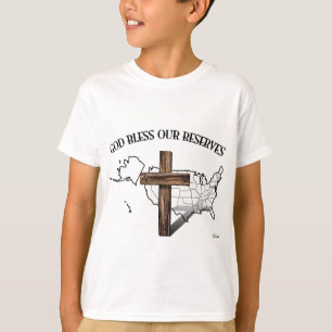 神は我々の準備金、険しい十字架と米国の輪郭を祝福 Tシャツ