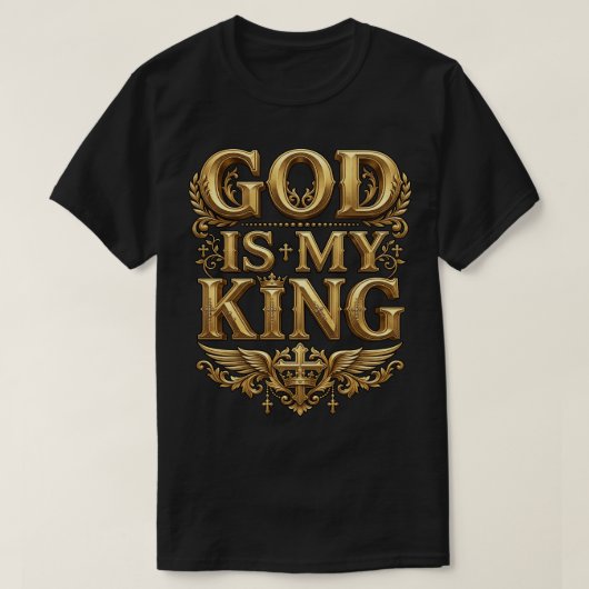 神は我が王 - 壮麗なゴールドのクリスチャンクロス Tシャツ (デザイン正面)