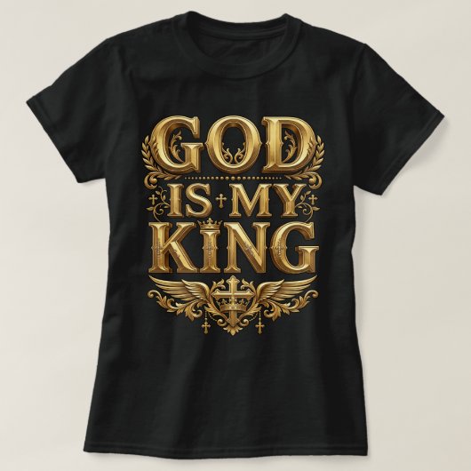 神は我が王 - 威厳あるゴールドのキリスト教十字架 Tシャツ (デザイン正面)