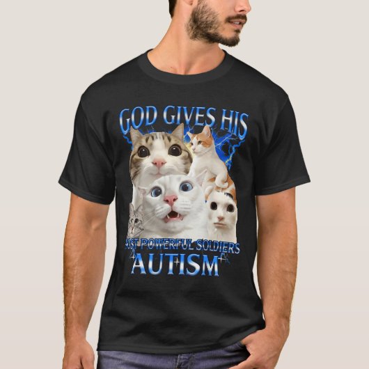 神は最も強力な兵士に自閉症啓発を与える Tシャツ (正面)
