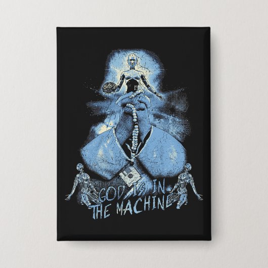 神は機械の中にある – テクノ – ディストピアデザイン 缶バッジ (正面)