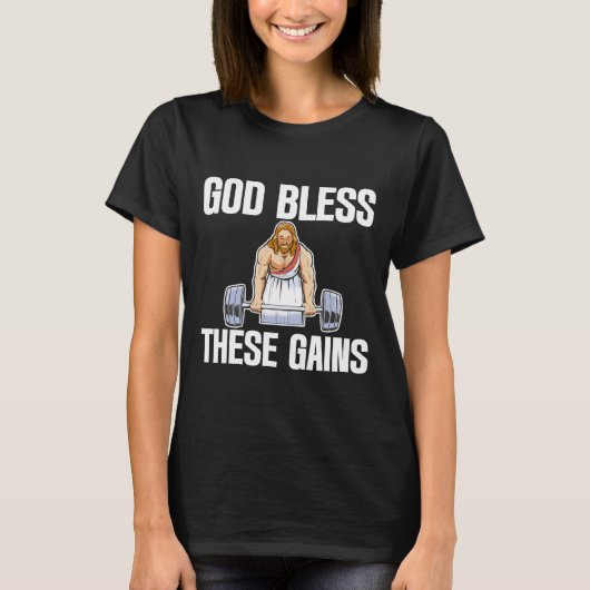 神は祝福これらのゲイン筋肉ボディビル------- Tシャツ (正面)