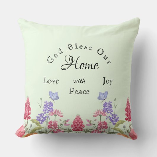 神は私たちのホームグリーンワイルドフラワーファミリー名を祝福 クッション (正面)
