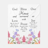 神は私たちの家の白いフローラ野花を祝福 フリースブランケット (正面)