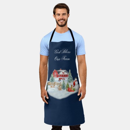 神は私たちの農場クリスマスファームシーンを祝福 エプロン (着用した状態)