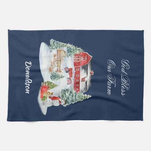 神は私たちの農場クリスマスファームシーンを祝福 キッチンタオル (横)