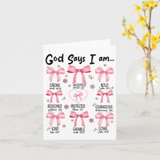 神は私はピンクのコケットのクリスチャンのイエス幸せだと言う カード (黄色い花)