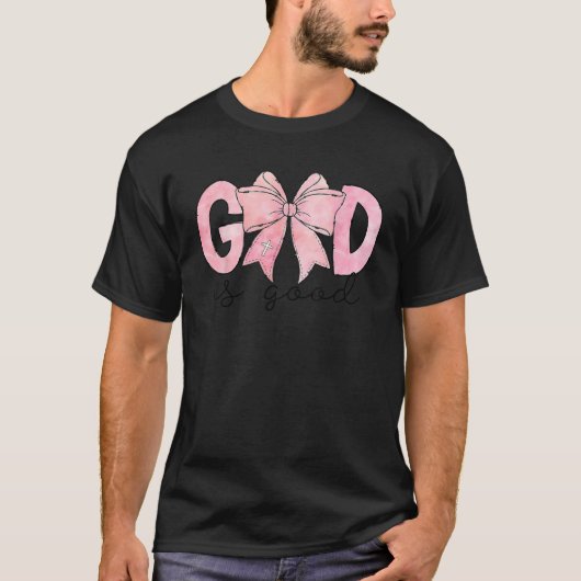 神は良いピンクのコケット弓クリスチャン女性の子供たち Tシャツ (正面)