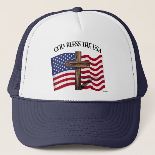 神は険しい十字架と米国旗でアメリカを祝福する キャップ (正面)