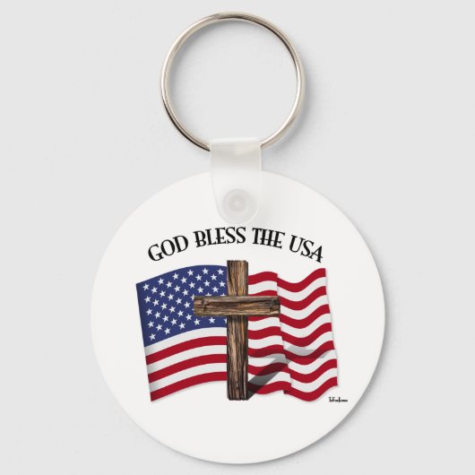 神は険しい十字架と米国旗でアメリカを祝福する キーホルダー (正面)