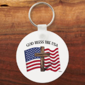 神は険しい十字架と米国旗でアメリカを祝福する キーホルダー (正面)