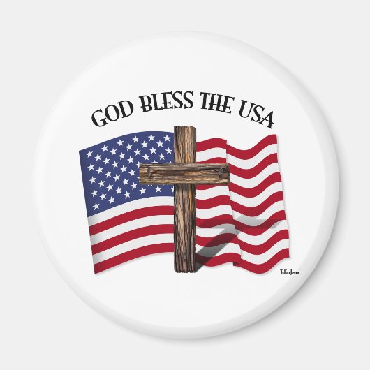 神は険しい十字架と米国旗でアメリカを祝福する マグネット (正面)