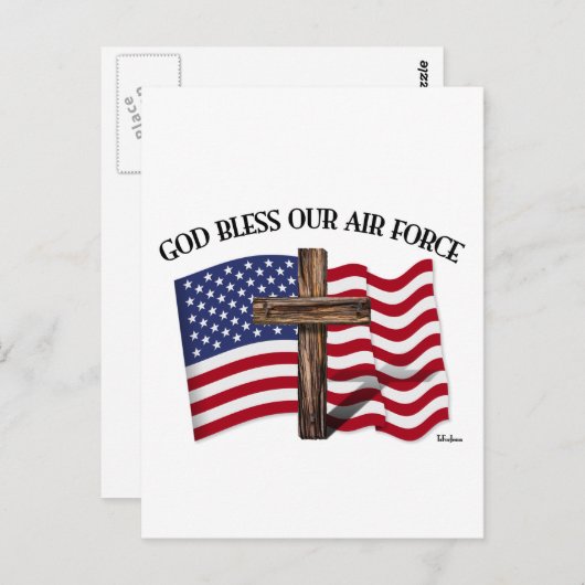 神は頑丈な十字架で私たちの空軍を祝福し、米国の旗 ポストカード (正面/裏面)