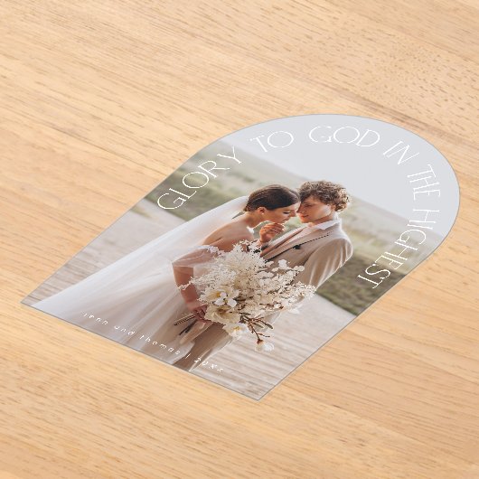 神への栄光のアーチ写真モダン宗教的なクリスマス アクリル招待状 (レイダウン)