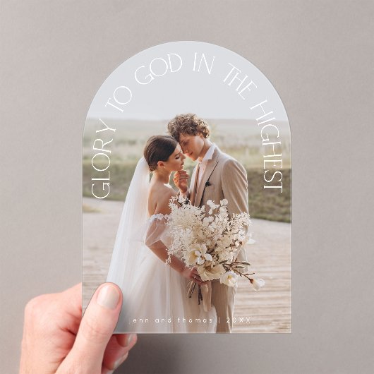 神への栄光のアーチ写真モダン宗教的なクリスマス アクリル招待状 (インサイチュ (ポータブル))