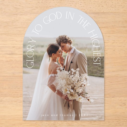 神への栄光のアーチ写真モダン宗教的なクリスマス アクリル招待状 (正面)