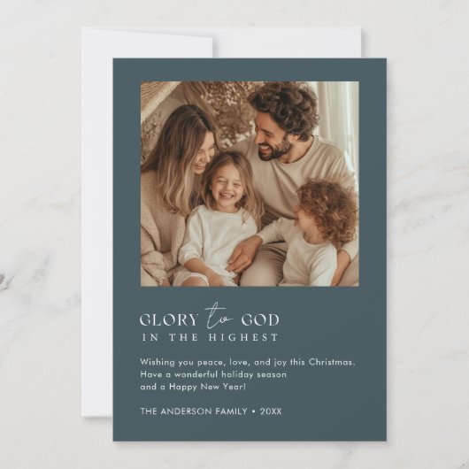 神への栄光の宗教的なクリスマスおもしろい写真の青 シーズンカード (正面)