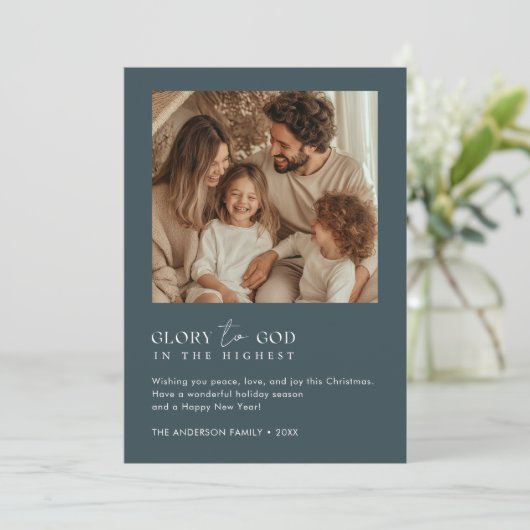 神への栄光の宗教的なクリスマスおもしろい写真の青 シーズンカード (スタンド正面)
