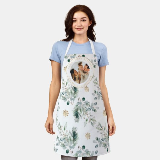 神への栄光バイブル聖句クリスマスグリーン エプロン (着用した状態)