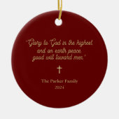 神への栄光レッド | 金ゴールドフェイクと写真のクリスマス セラミックオーナメント (正面)
