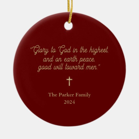 神への栄光レッド | 金ゴールドフェイクと写真のクリスマス セラミックオーナメント (正面)