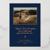 神への栄光 | フォトクリスマスネイビーとバラ金ゴールド 箔シーズンカード (正面)