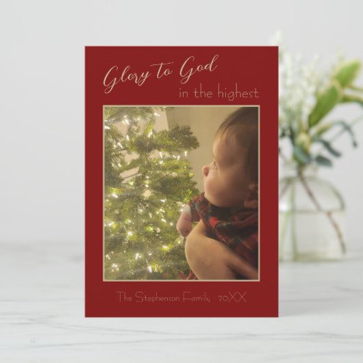 神への栄光Red Burgundy金ゴールド1枚の写真クリスマス シーズンカード (スタンド正面)